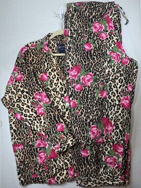 Nick & Nora Leopard Rose Pants XXL Top 3XL Sleepwear Pajama Set 100% Cotton